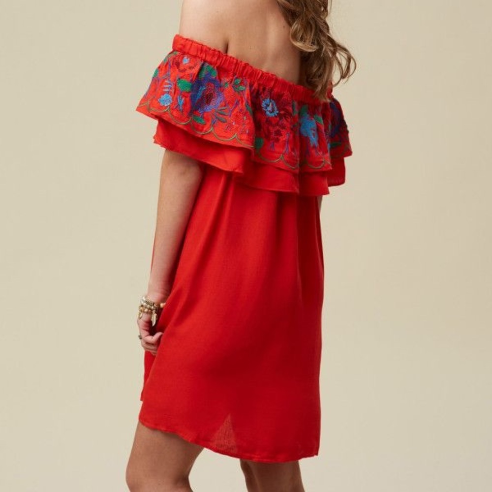 Altar'd State Red and Blue Ruffled Off-Shoulder Sundress